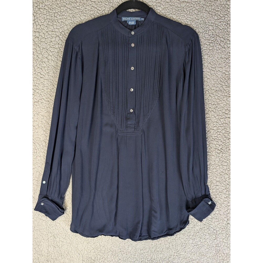 Ralph Lauren Blue Label Navy Pleated Tuxedo Blouse 6 French Cuff Viscose Preppy